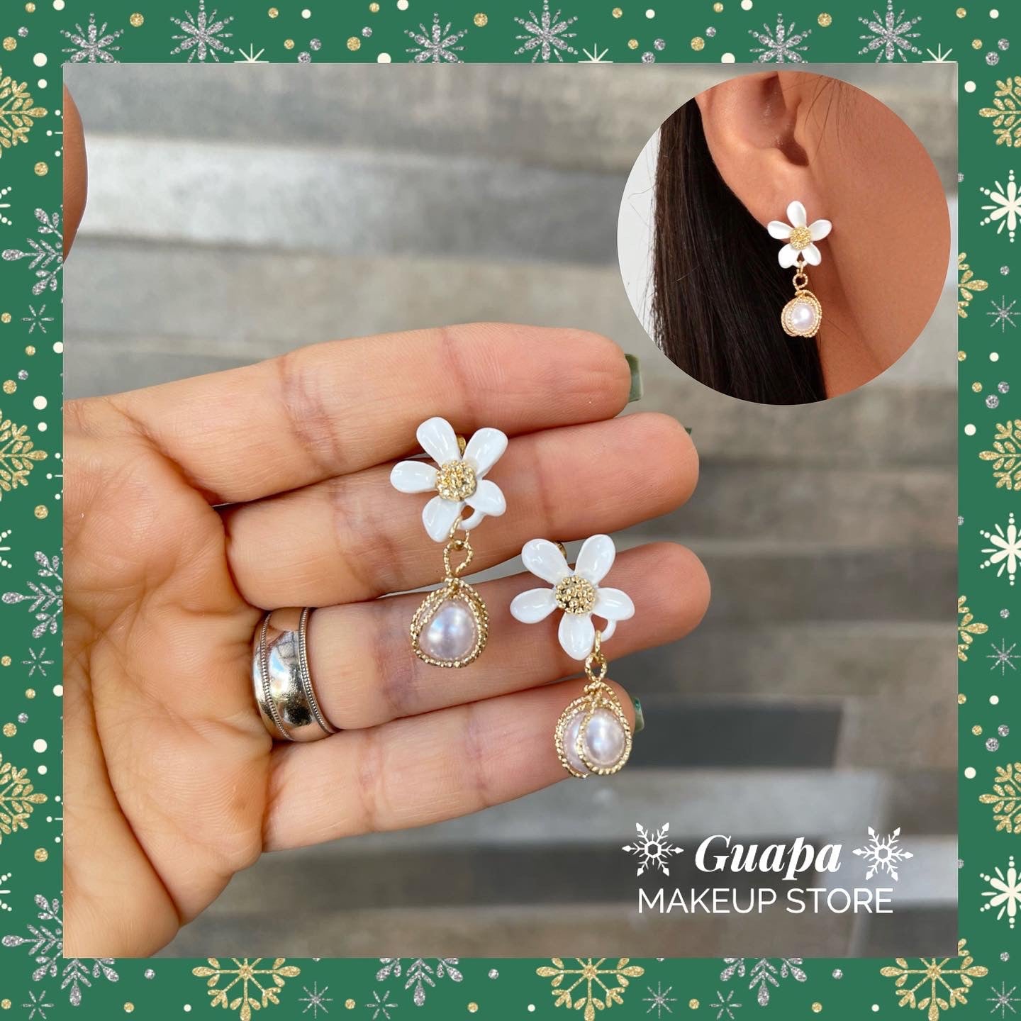 Aretes flor blanca perla colgante